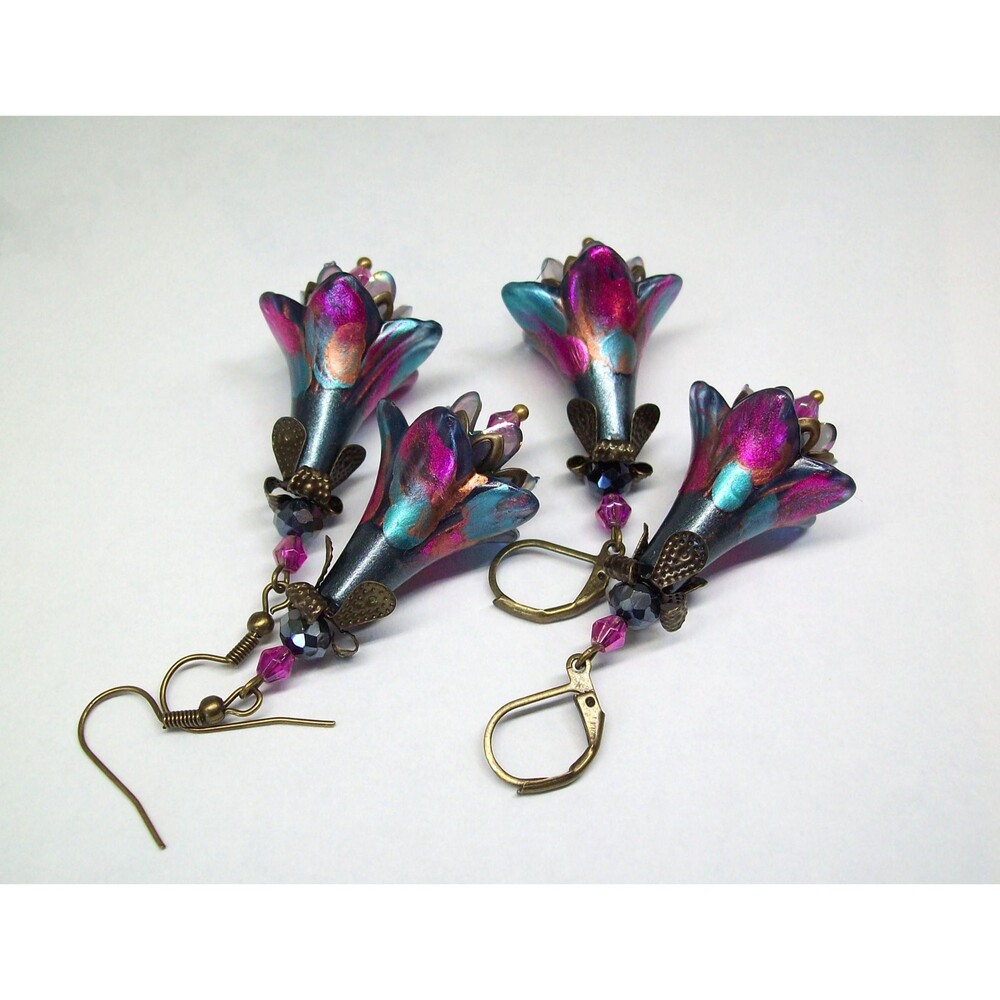 Boho Earrings Dangle & Drop, Flower Jewelry, Hand Painted, Multicolor, Bronze